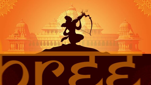Jay Shri Ram! Vector animation of God Ram with Ram Mandir (temple) in the Background. Festival greetings and wishes.