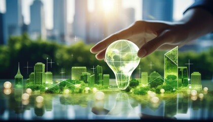 Human touching a advanced technology based on AI light with greenery city, eco-friendly city on a city background with hologram network light bulb screen icons for energy source renewable.