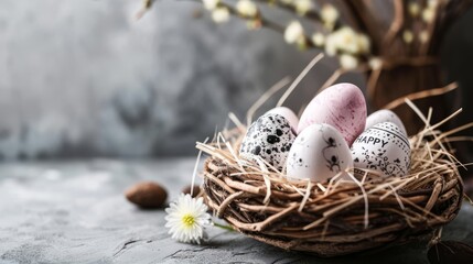 Fototapeta na wymiar Happy easter banner background. Easter nest with eggs