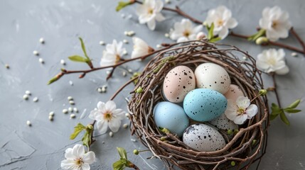 Fototapeta premium Happy easter banner background. Easter nest with eggs