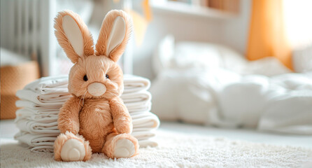 A toy bunny, a stack of diapers and baby supplies on the background of a light children's room. Side view, space for text. - obrazy, fototapety, plakaty