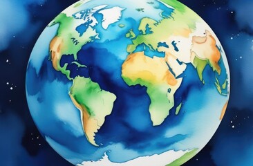 Fototapeta premium Earth, globe, watercolor, earth day, clean planet, ecology, free space for text, white background