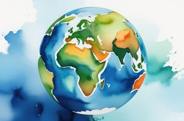 Obraz na płótnie Canvas Earth, globe, watercolor, earth day, clean planet, ecology, free space for text, white background