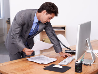 Businessman, phone call and multitasking on computer in office, networking and technology in...