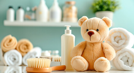 A toy bear, a stack of towels and baby supplies on a changing table. Side view, space for text. - obrazy, fototapety, plakaty