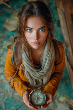 Young traveler and explorer woman in her 20s looking at the camera with a compass in her hands