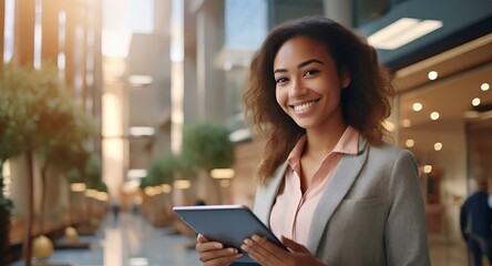 Female Professional in Business Casual Holding Digital Tablet Near Office Building