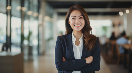 Obraz premium Portrait of Handsome Smiling Asian Businesswoman Boss in Modern Office - Workers in Background