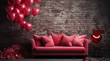 red balls in the form of heart near the sofa in the room