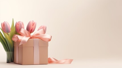 a gift box with a long pink ribbon surrounded by tulips on a light background, capturing a minimalist modern style.