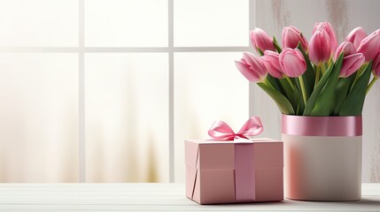 a gift box with a long pink ribbon surrounded by tulips on a light background, capturing a minimalist modern style.