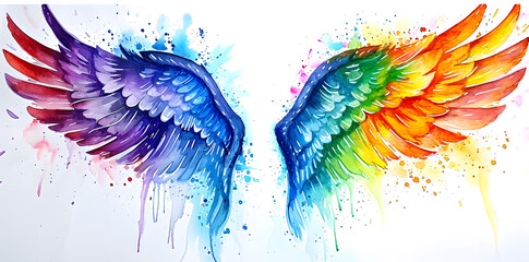 Rainbow magic watercolor angel wings isolated on white background - obrazy, fototapety, plakaty