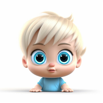 Cute baby with big blue eyes, realistic 3D rendering