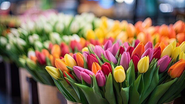 colourful fresh tulips for sale in a flower market in Amsterdam, Netherlands, Europe, in a minimalist modern style, emphasizing the beauty of the tulips against a clean and contemporary backdrop.