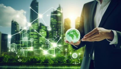 Human touching a advanced technology based on AI light with greenery city, eco-friendly city on a city background with hologram network light bulb screen icons for energy source renewable.