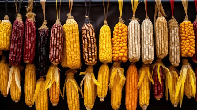 different types of corn for sale in a market, capturing the diversity of corn varieties, focusing on the visual appeal and presentation of the corn.