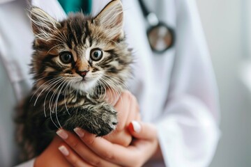 Little fluffy kitten in hands of veterinarian doctor in medical white coat with a stethoscope. Copy space, veterinary clinic banner.
