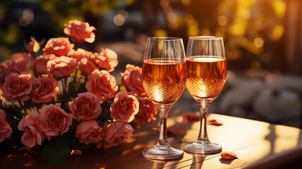 Rose wine tasting, glass of rose wine poured from bottle outdoors in garden party in vineyard, ripe grapes on wooden table, sunlight, harvest time, copy space
