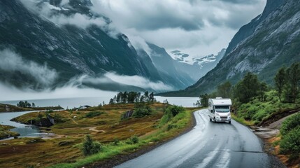 RV Camper Van on the Scenic Norwegian Mountain Road - obrazy, fototapety, plakaty