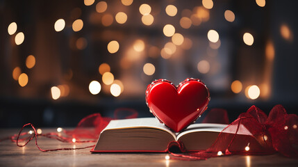 red hearts and open book on wooden table