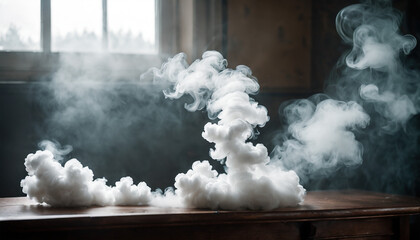 Mystical Swirls of White Smoke Clouds Rising from a Wooden Table Indoors