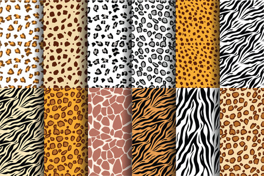 set of seamless patterns Wild safari animal seamless pattern collection. Vector leopard, cheetah, tiger, giraffe, zebra, snake skin texture set for fashion print design, fabric, textile, wrapping pape