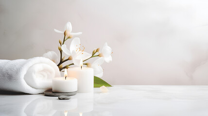 Luxurious spa composition with white flower, flickering candles, soft towels, and a clean space for copy on a marble texture.