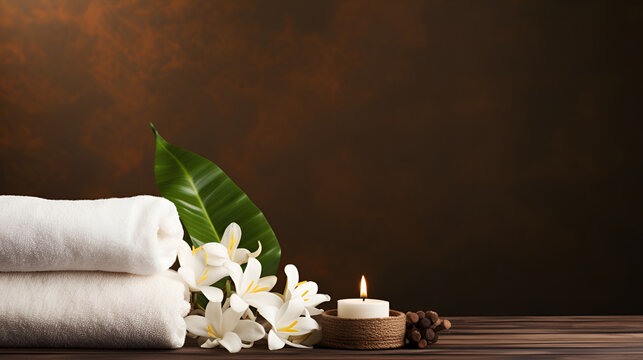 Cozy warm brown spa background for massage salon with orchids, lit candles and towels with large copy space on marble beige background.