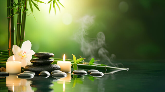 Spa resort zen background with balance of stones, bamboo foliage and calm water and candles. Mental health and yoga and relaxation concept. copy space.