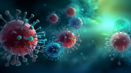 HIV virus with red spikes on an abstract blue background with copy space. Immunodeficiency virus, AIDS medical laboratory research, Microbiology and virology.