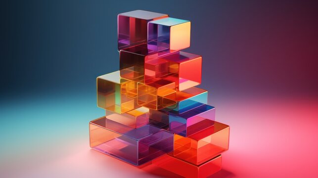  a stack of colorful cubes sitting on top of a blue and pink surface with a red and blue background.