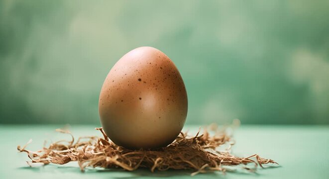 A single speckled egg rests on a nest of dry twigs against a soft teal background.