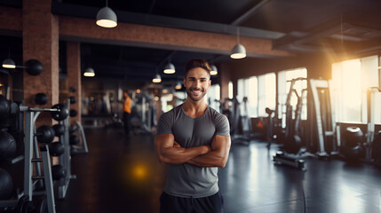 Fototapeta na wymiar Muscular arabian man in sportswear, smiling and looking at the camera on the background of the gym. Personal trainer. The concept of a healthy lifestyle and sports.