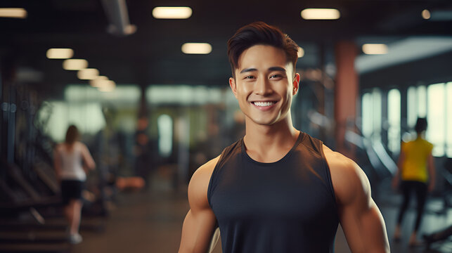  Muscular asian man in sportswear, fitness trainer smiling and looking at the camera on the background of the gym. The concept of a healthy lifestyle and sports.