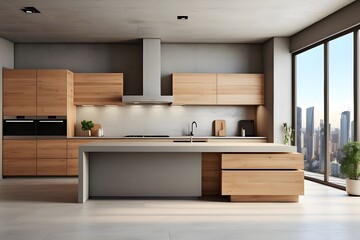 modern kitchen interior with kitchen,Modern kitchen interior made of wood and concrete, featuring an island, appliances, window overlooking the city, and daylight and an empty mock-up spot on the wall