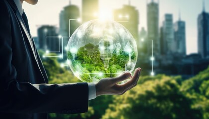 Human touching a advanced technology based on AI light with greenery city, eco-friendly city on a city background with hologram network light bulb screen icons for energy source renewable.