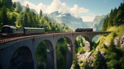 Fototapeta na wymiar a painting of a train going over a bridge in the middle of a valley with a mountain range in the background.