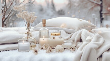 a couple of candles sitting on top of a bed next to a white blanket and a vase with some flowers.