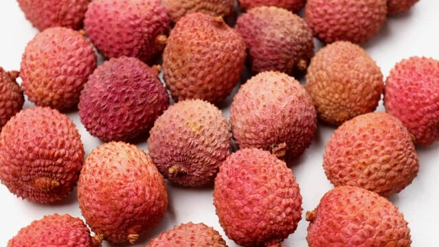 Lychee fruits, rotation in circle. tropical fruit lychee, Turning. selective focus.  