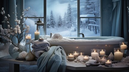  a bath tub sitting next to a window covered in snow next to a bunch of candles and a vase filled with flowers. - obrazy, fototapety, plakaty