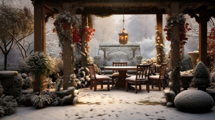  a winter scene of a gazebo with a table and chairs and a fountain in the background with snow on the ground. - obrazy, fototapety, plakaty