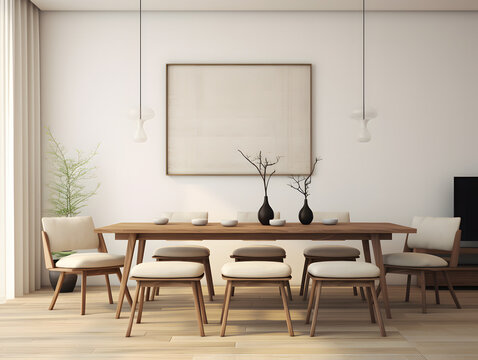 Modern living room with a wooden table and chairs