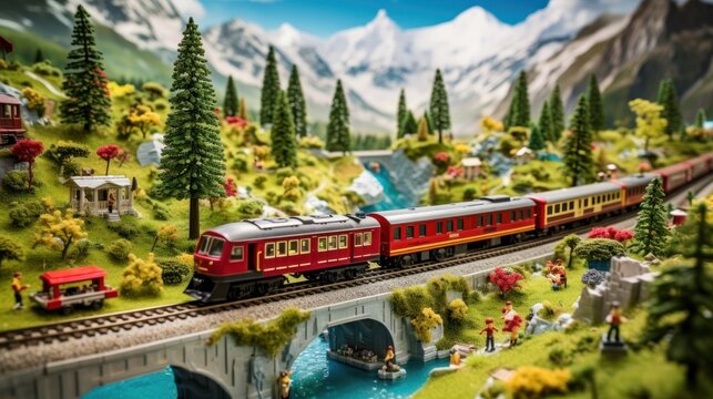  a red train traveling over a bridge next to a lush green forest filled with trees and a mountain covered in snow.