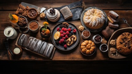  a table topped with lots of desserts and pastries on top of a wooden table next to a cup of coffee.
