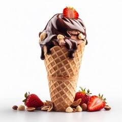 Chocolate ice cream with chocolate topping, strawberries and nuts in a crispy cone. Modern photo with professional lighting. Ice cream on white background.