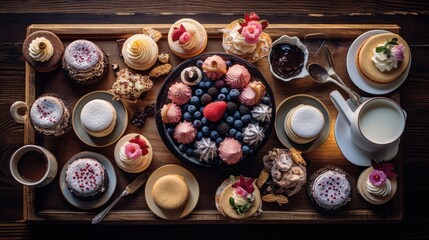  a wooden tray topped with lots of cupcakes and desserts next to a teapot and a cup of coffee.