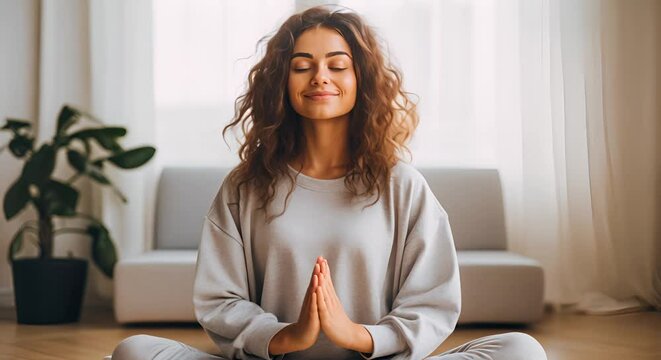 A peaceful woman with closed eyes meditating in a bright room, hands in namaste pose.
