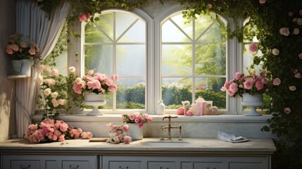  a painting of flowers on a window sill in front of a sink with a faucet next to it. - obrazy, fototapety, plakaty