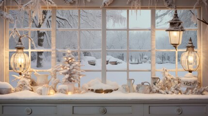  a window sill covered in snow next to a lit christmas tree and a teapot with lights on it.