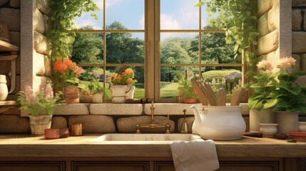  a painting of a kitchen window with a sink and a window sill with potted plants on the window sill.